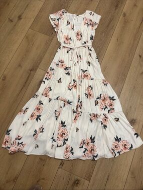 Free People White Floral Maxi Dress with Pink & Black Accents